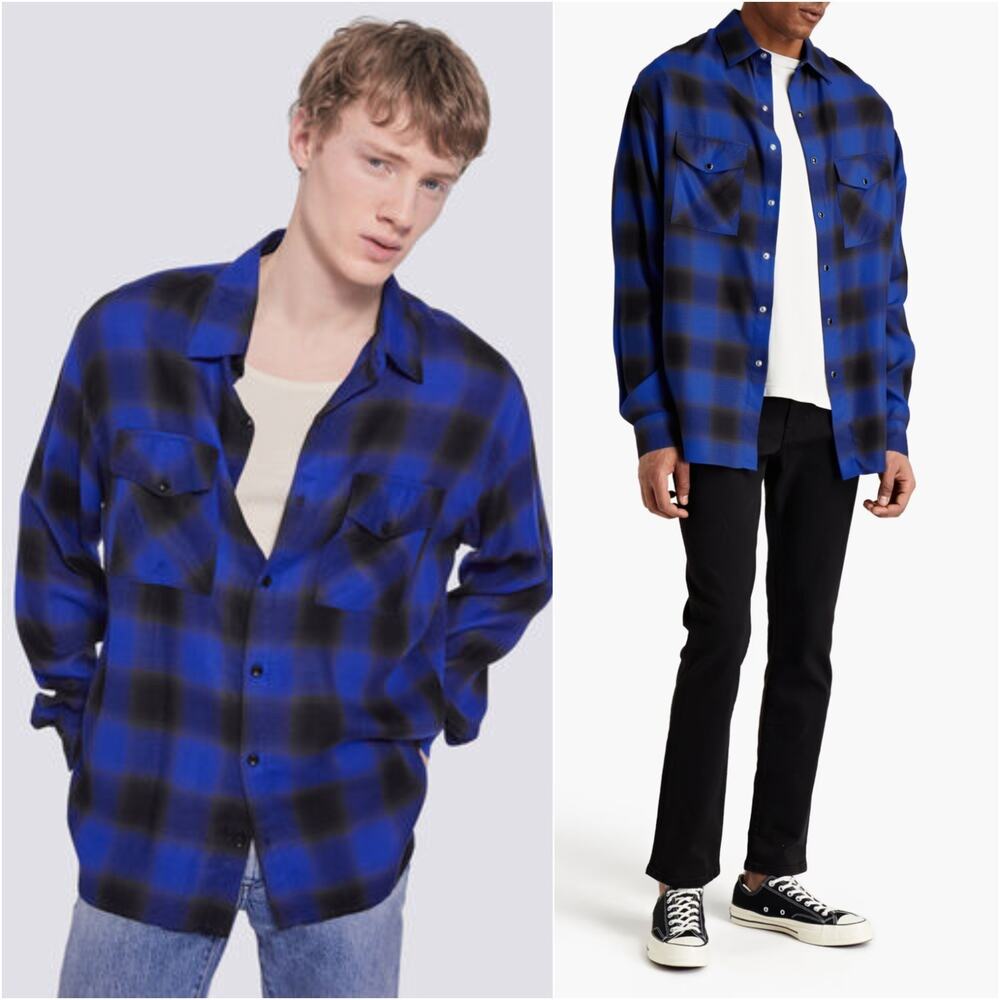 IRO Zephir Plaid Print Pearl Snap Over Shirt in Electric Blue size Medium